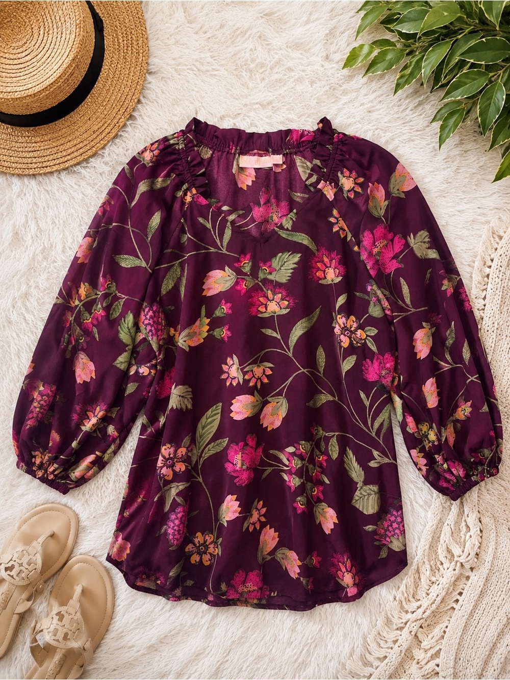 💜🌸Belle by Kim Gravel Floral Peasant Blouse Purple Pink Long Sleeve Top Size M🌸💜